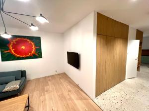 een woonkamer met een bank en een houten kast bij Apartament RadMila2 Premium in Radom