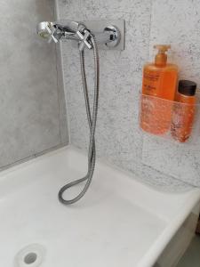 a shower head with a hose on a sink at Esprit Péniche in Nantes
