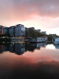 vista su un fiume con edifici e città di Esprit Péniche a Nantes