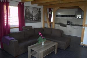 uma sala de estar com um sofá e uma mesa com flores em HM - Ferienhaus 2 Deluxe Krombachtalsperre Westerwald exklusive verbrauchte NK em Driedorf