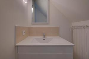 a bathroom with a white sink and a mirror at La petite maison 3 in Avoine +16 photos