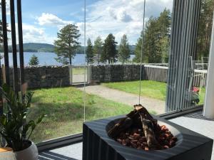 ユヴァスキュラにあるKaksio järvinäkymällä - Two room flat by the lakeの窓の前に岩鉢を置いたテーブル