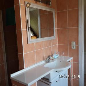 uma casa de banho com um lavatório branco e um espelho. em Darssblick em Fuhlendorf