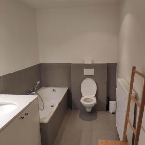 a bathroom with a toilet and a tub and a sink at SMAK (Met ruim & rustig terras) in De Panne