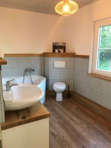 a bathroom with a sink and a tub and a toilet at Schwedenchalet am Edersee in Vöhl
