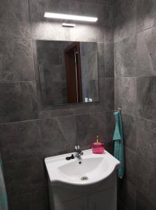 a bathroom with a white sink and a mirror at BeKiVi apartmány in Dunajská Streda +39 photos