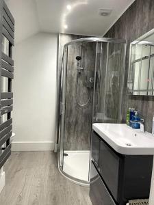uma casa de banho com um chuveiro e um lavatório. em Premier 1 Bed Studio B em Broxburn