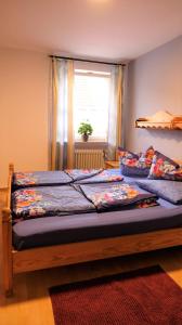 2 camas individuales en un dormitorio con ventana en Pension Schwarze Berge, 