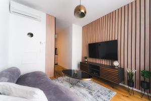 sala de estar con sofá y TV en Triangle City Apartment II, en Viena