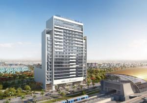 a rendering of a tall building in a city at Cozy Studio In front of Metro Stn - Access to Gym & Pool - BRC in Dubai