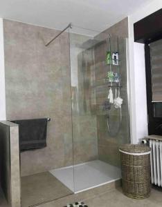 a shower with a glass door in a bathroom at Moderne Ferienwohnung in bester Lage! in Bad Herrenalb