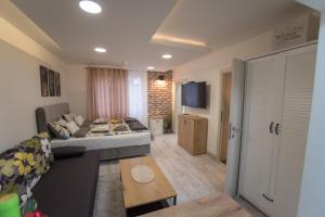 ein Wohnzimmer mit einem Sofa und einem Tisch in der Unterkunft Tanis Apartments in Niš