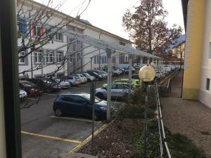 una vista de un aparcamiento con coches aparcados en B&B Al Gatto Nero, en Borgo