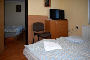 ein Schlafzimmer mit einem Bett, einem Stuhl und einem TV in der Unterkunft Penzión Ivana in Bardejov