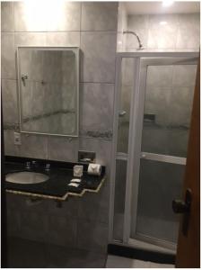 uma casa de banho com um lavatório e um chuveiro com um espelho. em Tower Icaraí Hotel em Niterói