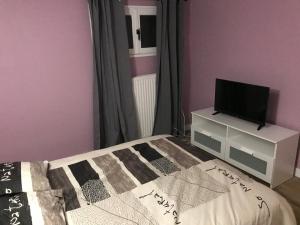 a bedroom with a bed and a tv on a dresser at Rez de Jardin intégral Disney & Paris & Sites Olympiques in Chelles