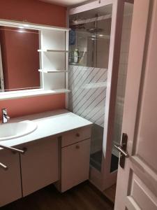 a bathroom with a white sink and a shower at Rez de Jardin intégral Disney & Paris & Sites Olympiques in Chelles