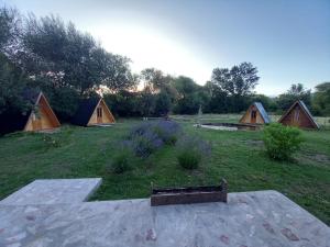 a group of tents in a field with trees at Hostel Chacra La Templanza in El Hoyo