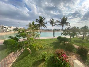 vistas a una piscina con palmeras y a la playa en شالهيات درة العروس, en Durat Alarous
