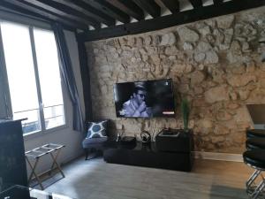 un soggiorno con TV su un muro di pietra di Appartement St Martin a Parigi