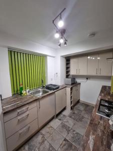 una cocina con fregadero y una ventana verde en Cosy 3 bed Apt/contractors/families/free parking, en Birmingham