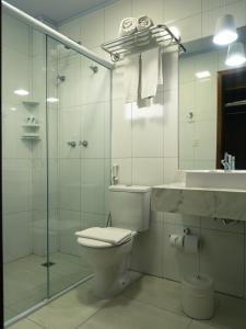 a bathroom with a toilet and a sink and a shower at Hotel Alji Salto in Salto