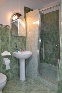 La salle de bains est pourvue d'un lavabo et d'une douche. dans l'établissement Enikő Vendégház, à Cernatu de Sus