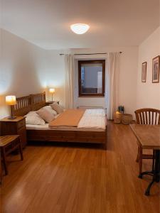 een slaapkamer met een groot bed en houten vloeren bij Prague apartment in Praag