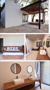 a modern bedroom with a bed and a mirror at Rajapruek Samui Resort - SHA Plus in Lipa Noi