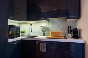 a kitchen with blue cabinets and a cutting board on the counter at SUNNY SIDE I Turin Suite in Turin