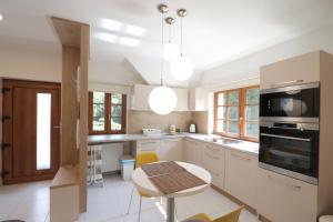 a kitchen with white appliances and a table and chairs at Chalupa Daisy Posázaví - rekreační ubytování blízko Prahy in Bohuliby