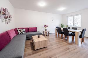 a living room with a couch and a table at Private Luxury Apartments in Frymburk