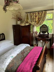 um quarto com uma cama com um cobertor rosa e uma janela em Budget Double Room in City em Kilkenny