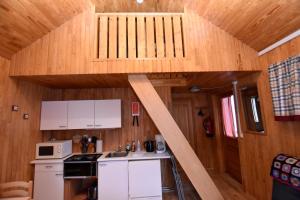 a small kitchen with a loft in a tiny house at Sólbrekka Holiday Homes in Mjóifjörður +11 photos