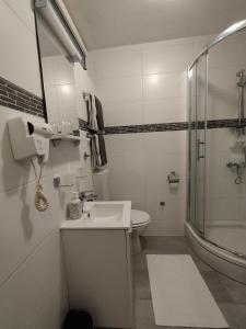 a white bathroom with a sink and a shower at Studio Apartment TIM in Zagreb