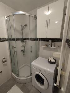 a bathroom with a shower and a washing machine at Studio Apartment TIM in Zagreb