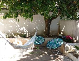 dwa krzesła i hamak przed drzewem w obiekcie Casa das abobadas, Beja centro w mieście Beja