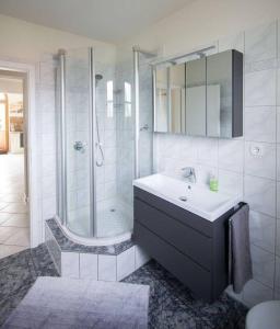 ein Badezimmer mit einer Dusche, einem Waschbecken und einer Badewanne in der Unterkunft Gästewohnung Wieck in Taucha