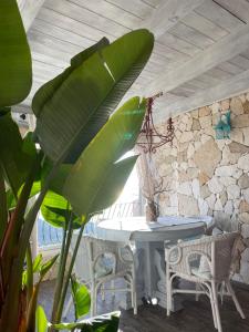 una sala da pranzo con tavolo e pianta di Villa turchese a Costa Rei