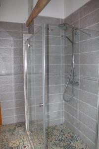 La salle de bains est pourvue d'une douche avec une porte en verre. dans l'établissement Klasztor 5 Borowy Mlyn, à Lipnica