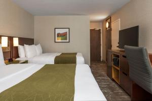 a hotel room with two beds and a flat screen tv at Comfort Inn Hamilton/Stoney Creek in Hamilton