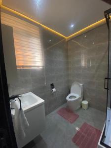 a bathroom with a white toilet and a sink at MILTON AVENUE SUITES in Accra +15 photos
