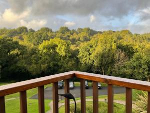 a balcony with a view of a road and trees at 8 Oakridge, St Mellion in St. Mellion
