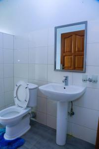 a bathroom with a sink and a toilet and a mirror at Karibu Namugongo in Kampala