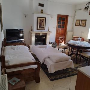 2 Betten in einem Zimmer mit Kamin in der Unterkunft Grevena country House 