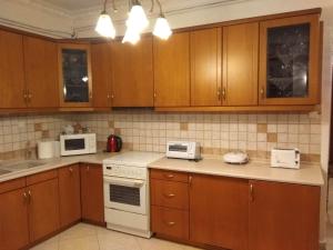 a kitchen with wooden cabinets and white appliances at Grevena country House in Kalirákhi