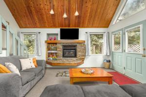 a living room with a couch and a fireplace at Snowbird Chalet #8 in Girdwood