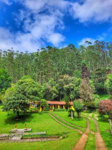 a house in a field with a mountain in the background at Pousada A Casa da Fazenda in Santo Antônio do Pinhal