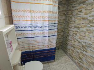 a bathroom with a shower curtain and a toilet at Catema in Coihaique