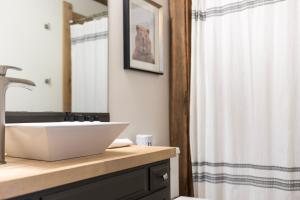 a bathroom with a sink and a shower curtain at The Edelweiss Estate in Gatlinburg +59 photos